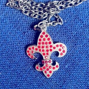 VCLM Fleur de lis red rhinestone and gunmetal necklace